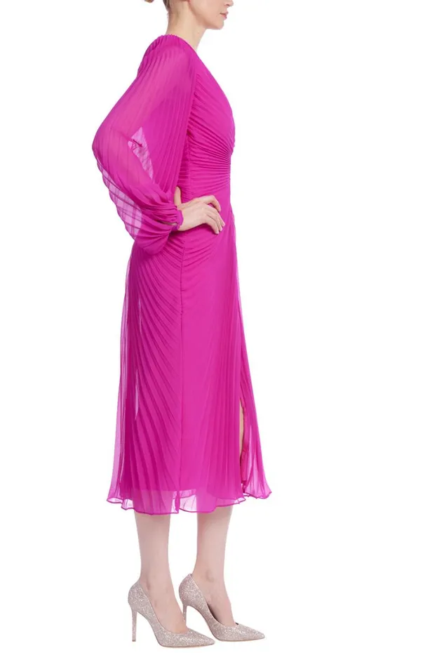 Women Day Badgley Mischka Sunburst Pleated Long Sleeve Cocktail Dress Fuchsia