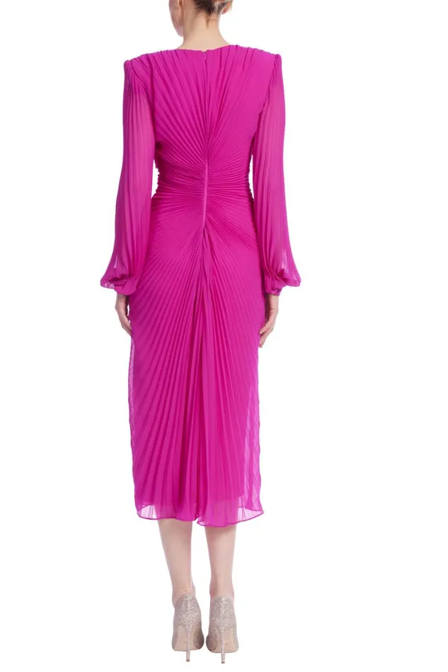 Women Day Badgley Mischka Sunburst Pleated Long Sleeve Cocktail Dress Fuchsia