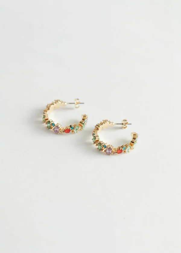 Women Earrings and Other Stories Glass Stone Mini Hoop Earrings Blueandgreenandyellowandpurple