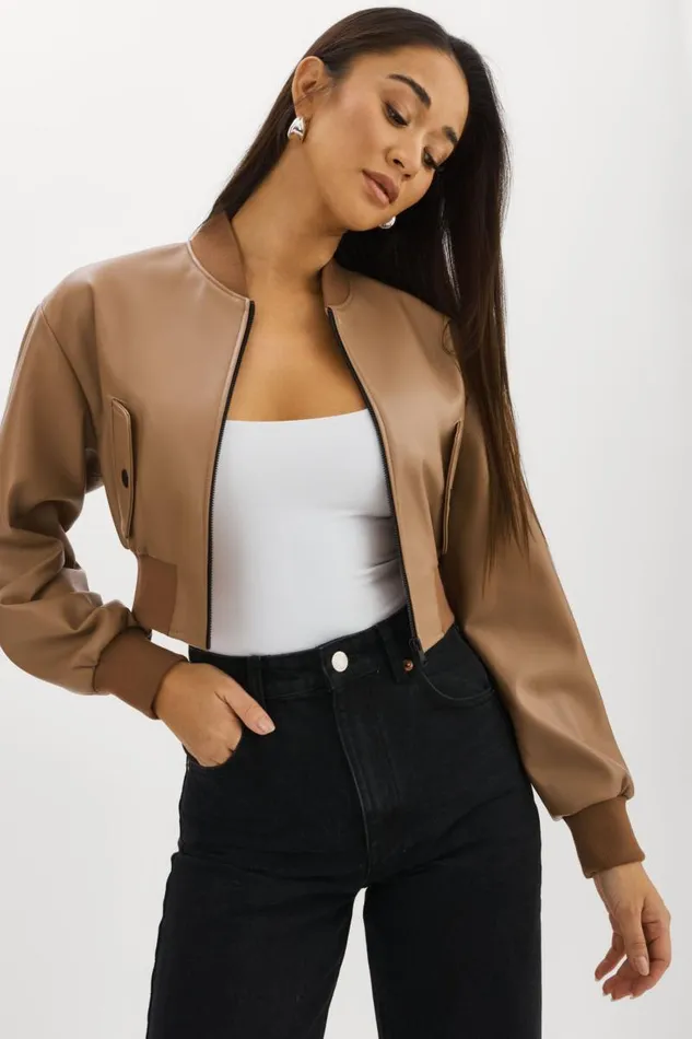 Women EVELIN Faux Leather Cropped Bomber Mocha LAMARQUE Leather Jackets
