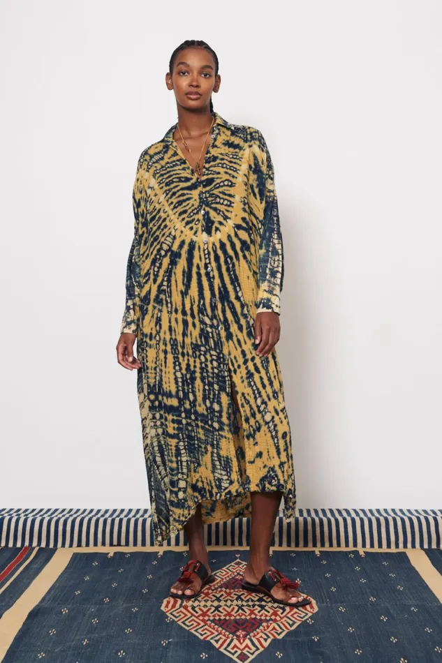 Women Gauze Yellow And Navy Caftan Shirt Dress Raquel Allegra Dresses