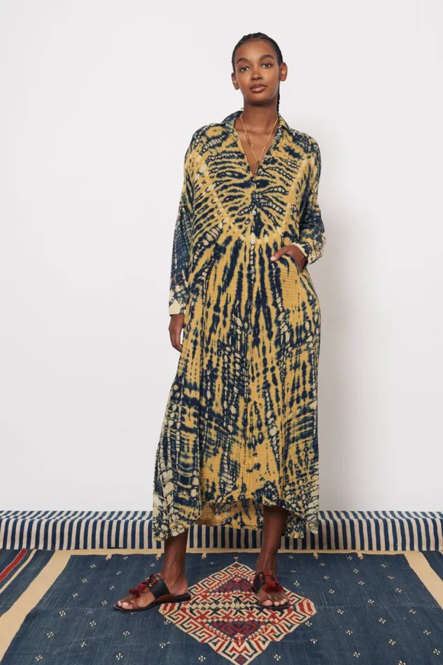 Women Gauze Yellow And Navy Caftan Shirt Dress Raquel Allegra Dresses