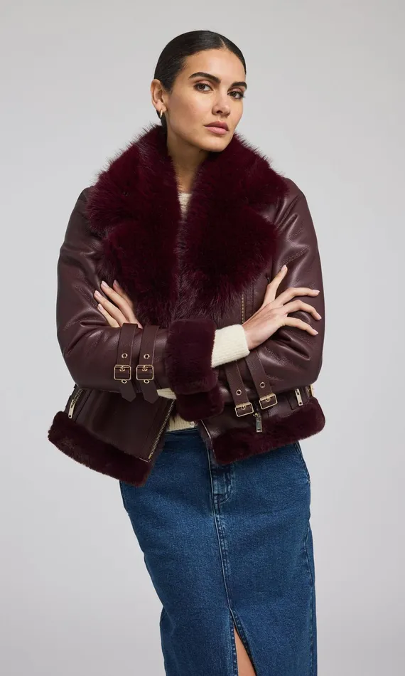 Women Generation Love Clothing Outerwear Dion Faux Fur Shearling Moto Jacket Malbec