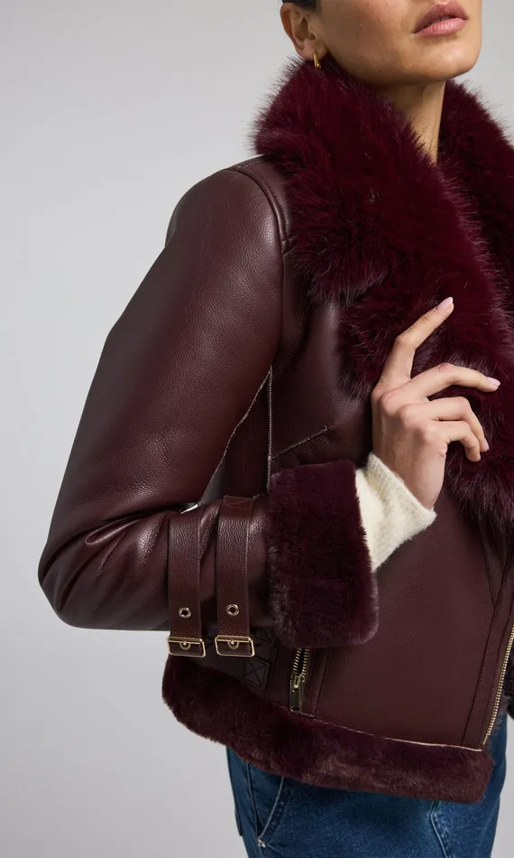 Women Generation Love Clothing Outerwear Dion Faux Fur Shearling Moto Jacket Malbec