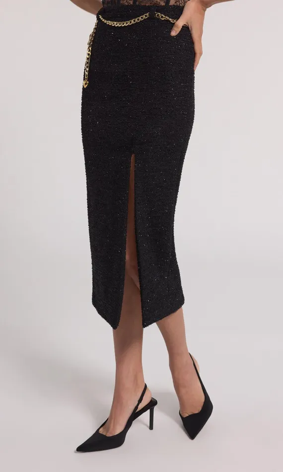 Women Generation Love Clothing Skirts Kiva Chain Belted Tweed Midi Skirt Black