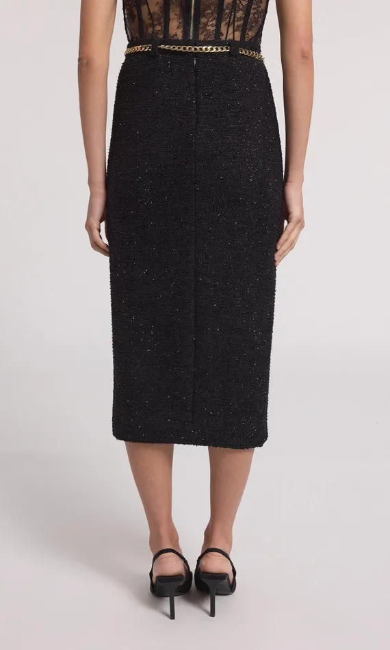 Women Generation Love Clothing Skirts Kiva Chain Belted Tweed Midi Skirt Black