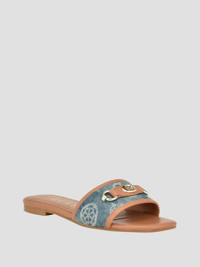 Women GUESS Hammi G Buckle Denim Peony Sandals Denim Tie Dye Sandals