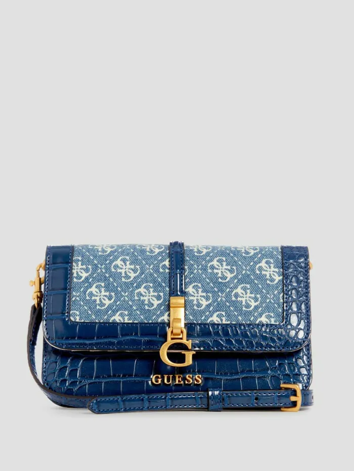 Women GUESS James Denim Quattro G Crossbody Wallet Organizer Denim Logo Handbags