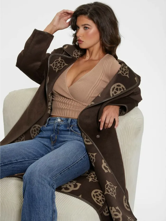 Women GUESS Ludovica WoolBlend Wrap Coat Jacquard Logo Brown Combo Jackets and Coats Women GUESS Ludovica WoolBlend Wrap Coat Jacquard Logo Brown Combo Jackets and Coats