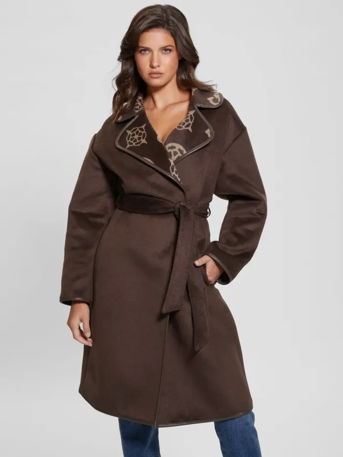 Women GUESS Ludovica WoolBlend Wrap Coat Jacquard Logo Brown Combo Jackets and Coats Women GUESS Ludovica WoolBlend Wrap Coat Jacquard Logo Brown Combo Jackets and Coats