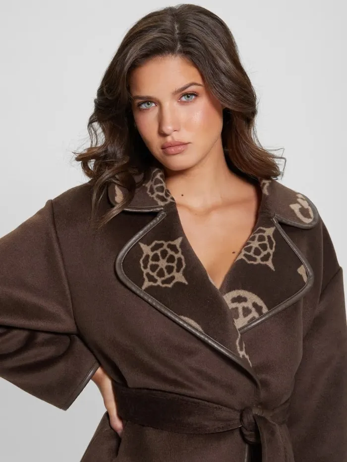 Women GUESS Ludovica WoolBlend Wrap Coat Jacquard Logo Brown Combo Jackets and Coats Women GUESS Ludovica WoolBlend Wrap Coat Jacquard Logo Brown Combo Jackets and Coats