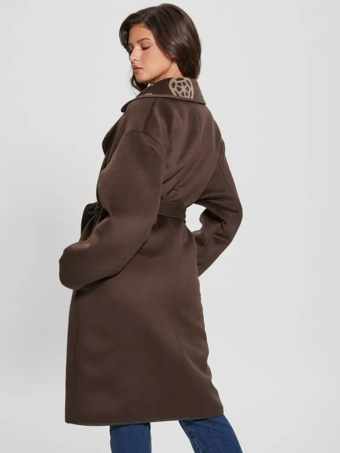Women GUESS Ludovica WoolBlend Wrap Coat Jacquard Logo Brown Combo Jackets and Coats Women GUESS Ludovica WoolBlend Wrap Coat Jacquard Logo Brown Combo Jackets and Coats