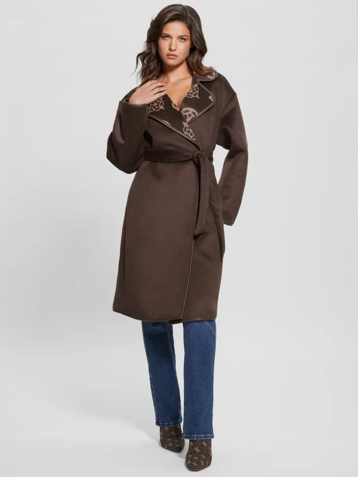 Women GUESS Ludovica WoolBlend Wrap Coat Jacquard Logo Brown Combo Jackets and Coats Women GUESS Ludovica WoolBlend Wrap Coat Jacquard Logo Brown Combo Jackets and Coats