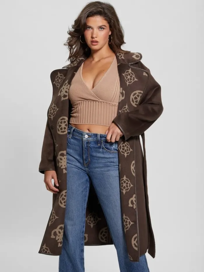 Women GUESS Ludovica WoolBlend Wrap Coat Jacquard Logo Brown Combo Jackets and Coats Women GUESS Ludovica WoolBlend Wrap Coat Jacquard Logo Brown Combo Jackets and Coats