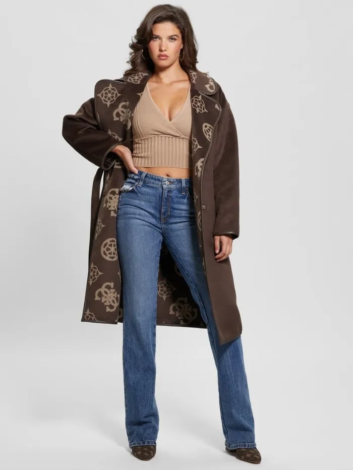 Women GUESS Ludovica WoolBlend Wrap Coat Jacquard Logo Brown Combo Jackets and Coats Women GUESS Ludovica WoolBlend Wrap Coat Jacquard Logo Brown Combo Jackets and Coats