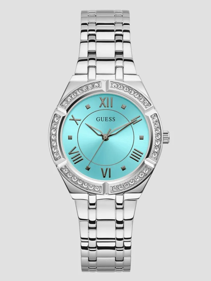 Women GUESS SilverTone and Teal Crystal Analog Watch Silver Watches