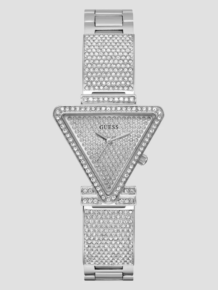 Women GUESS SilverTone Crystal Triangle Analog Watch Silver Watches