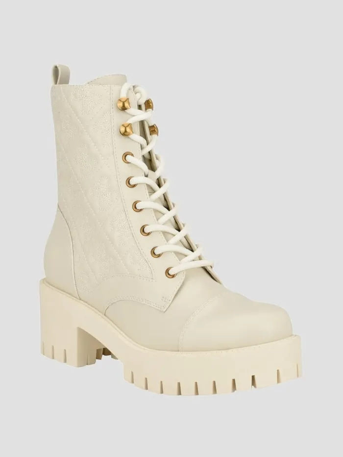 Women GUESS Waite Embossed LaceUp Moto Boots Ivory 150 Boots and Booties