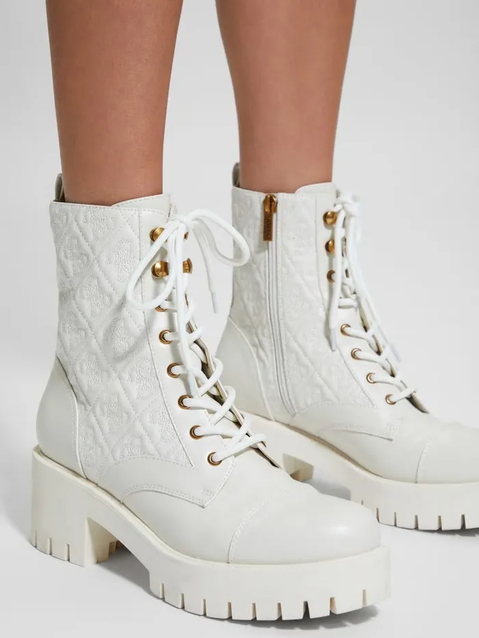 Women GUESS Waite Embossed LaceUp Moto Boots Ivory 150 Boots and Booties Women GUESS Waite Embossed LaceUp Moto Boots Ivory 150 Boots and Booties