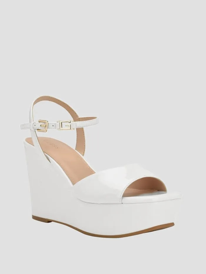 Women GUESS Zione Patent Wedges Wht Floral Heels