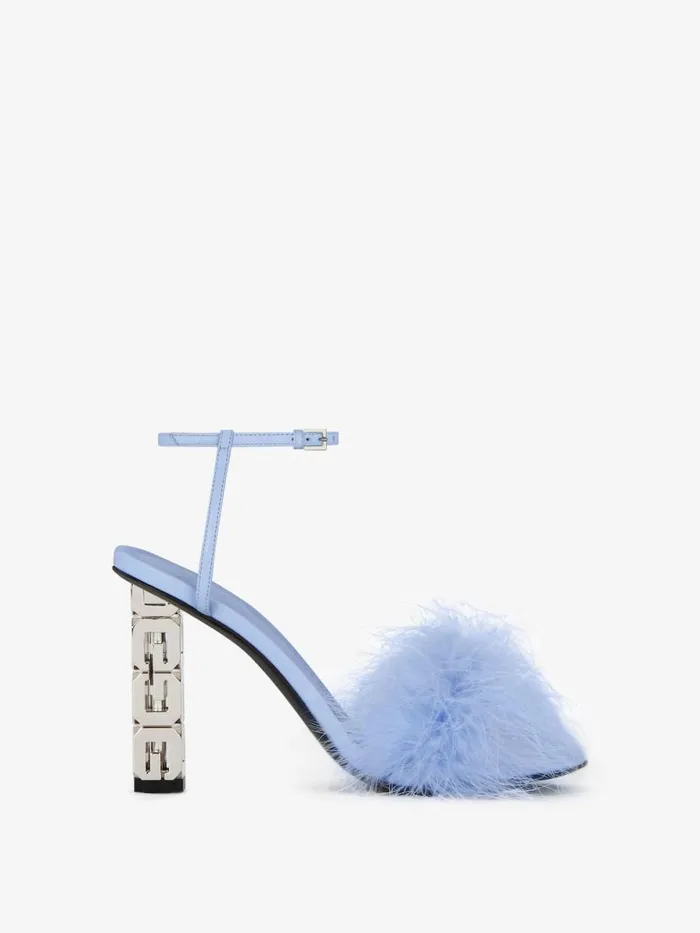Women Heels Givenchy G Cube Sandals In Leather With Feathers Cornflower