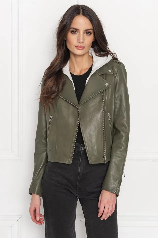 Women HOLY Leather Biker Jacket With Removable Hood Dusty Olive LAMARQUE Leather Jackets