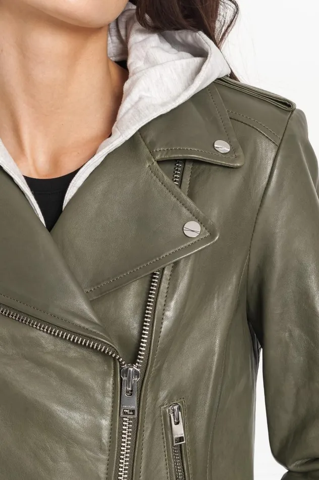 Women HOLY Leather Biker Jacket With Removable Hood Dusty Olive LAMARQUE Leather Jackets Women HOLY Leather Biker Jacket With Removable Hood Dusty Olive LAMARQUE Leather Jackets