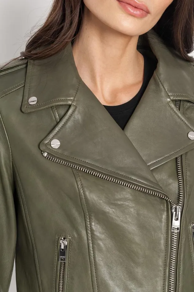 Women HOLY Leather Biker Jacket With Removable Hood Dusty Olive LAMARQUE Leather Jackets Women HOLY Leather Biker Jacket With Removable Hood Dusty Olive LAMARQUE Leather Jackets