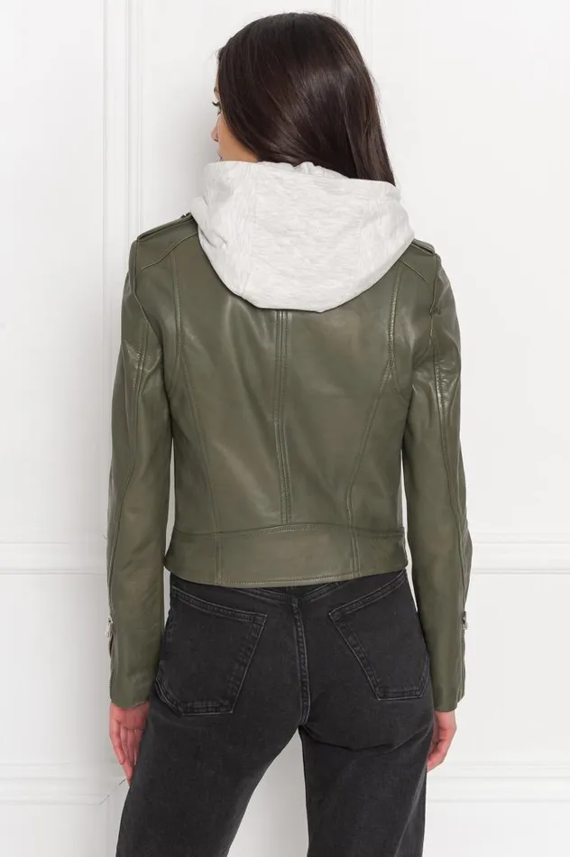 Women HOLY Leather Biker Jacket With Removable Hood Dusty Olive LAMARQUE Leather Jackets Women HOLY Leather Biker Jacket With Removable Hood Dusty Olive LAMARQUE Leather Jackets