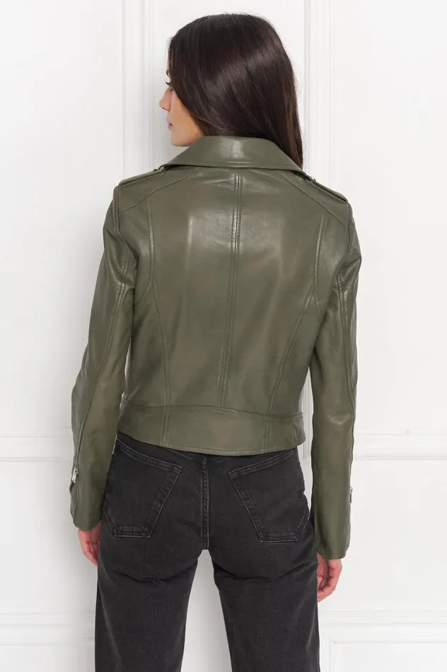 Women HOLY Leather Biker Jacket With Removable Hood Dusty Olive LAMARQUE Leather Jackets Women HOLY Leather Biker Jacket With Removable Hood Dusty Olive LAMARQUE Leather Jackets