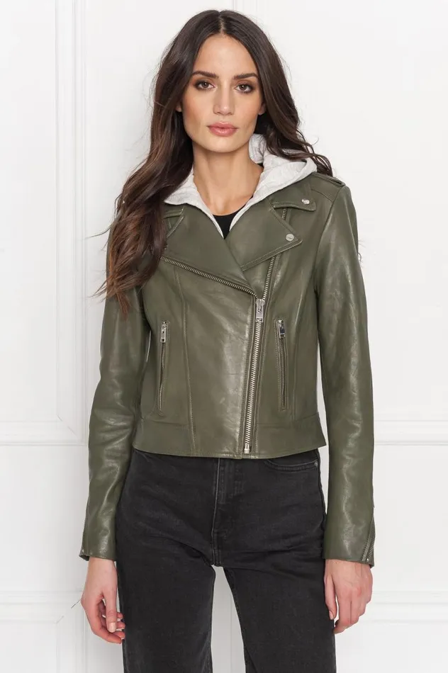 Women HOLY Leather Biker Jacket With Removable Hood Dusty Olive LAMARQUE Leather Jackets Women HOLY Leather Biker Jacket With Removable Hood Dusty Olive LAMARQUE Leather Jackets