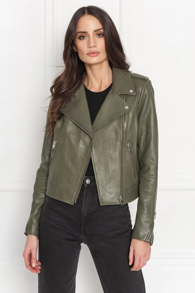 Women HOLY Leather Biker Jacket With Removable Hood Dusty Olive LAMARQUE Leather Jackets Women HOLY Leather Biker Jacket With Removable Hood Dusty Olive LAMARQUE Leather Jackets