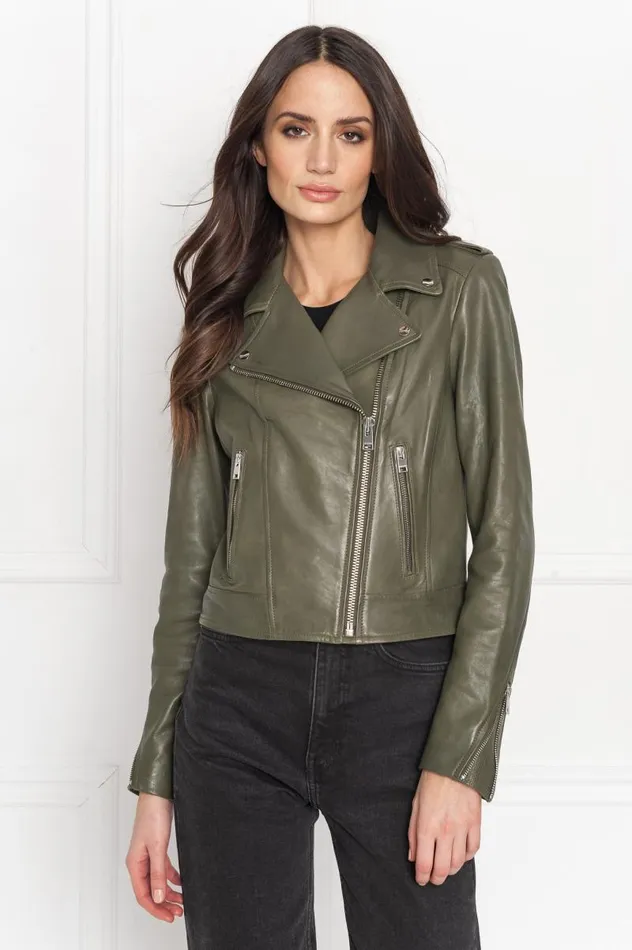 Women HOLY Leather Biker Jacket With Removable Hood Dusty Olive LAMARQUE Leather Jackets Women HOLY Leather Biker Jacket With Removable Hood Dusty Olive LAMARQUE Leather Jackets