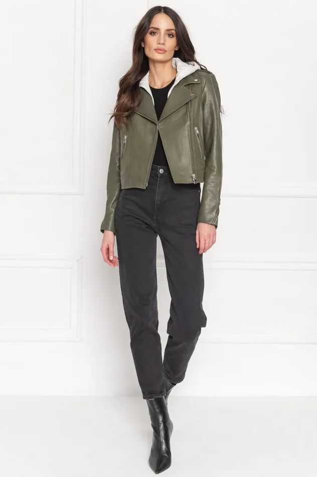 Women HOLY Leather Biker Jacket With Removable Hood Dusty Olive LAMARQUE Leather Jackets Women HOLY Leather Biker Jacket With Removable Hood Dusty Olive LAMARQUE Leather Jackets