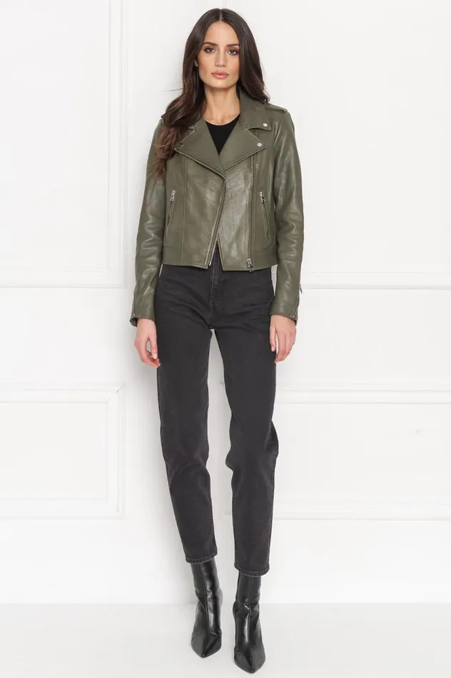 Women HOLY Leather Biker Jacket With Removable Hood Dusty Olive LAMARQUE Leather Jackets Women HOLY Leather Biker Jacket With Removable Hood Dusty Olive LAMARQUE Leather Jackets