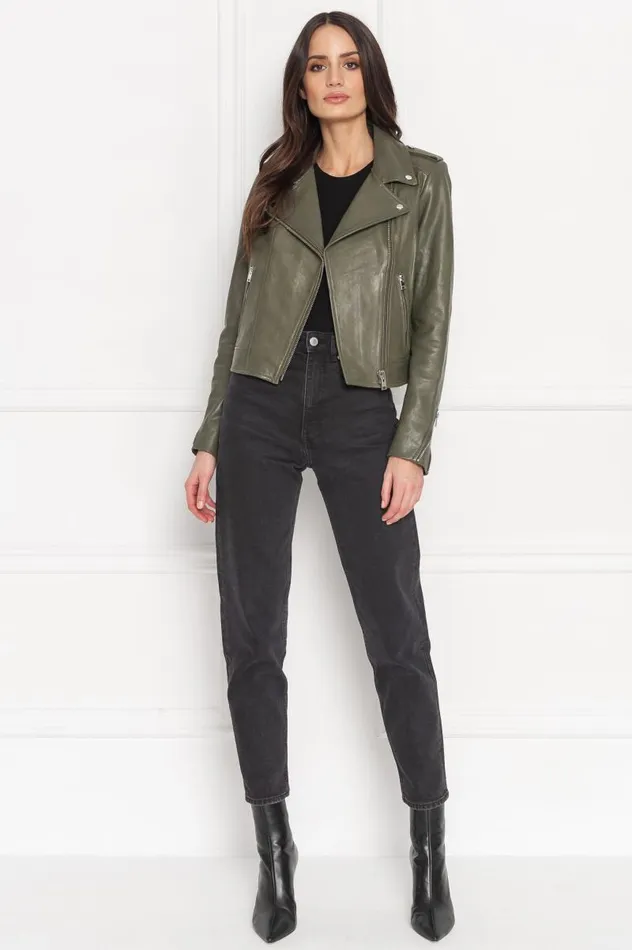 Women HOLY Leather Biker Jacket With Removable Hood Dusty Olive LAMARQUE Leather Jackets Women HOLY Leather Biker Jacket With Removable Hood Dusty Olive LAMARQUE Leather Jackets
