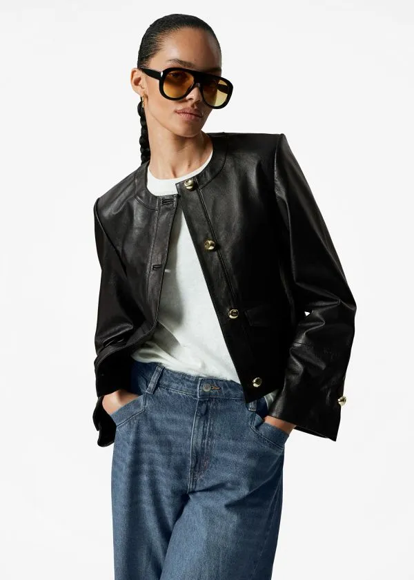 Women Jackets and Coats and Other Stories Collarless Leather Jacket Black