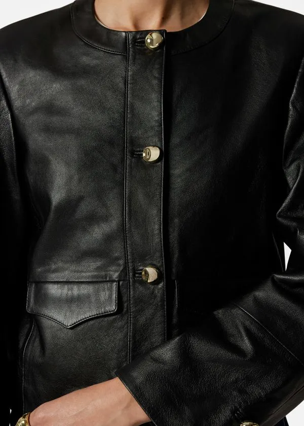 Women Jackets and Coats and Other Stories Collarless Leather Jacket Black