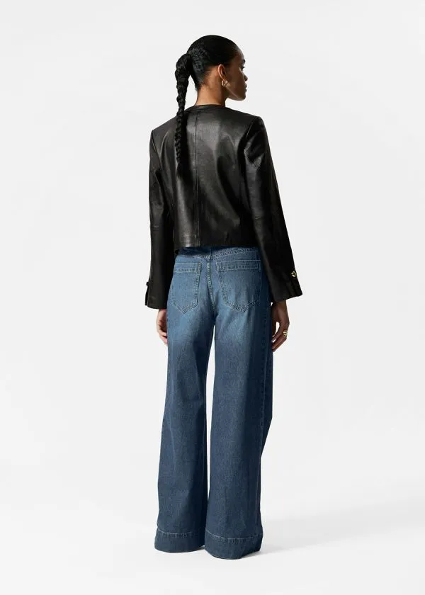 Women Jackets and Coats and Other Stories Collarless Leather Jacket Black