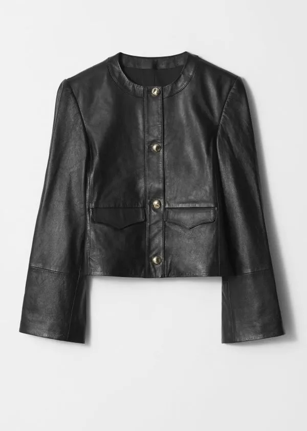Women Jackets and Coats and Other Stories Collarless Leather Jacket Black