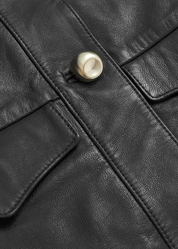 Women Jackets and Coats and Other Stories Collarless Leather Jacket Black