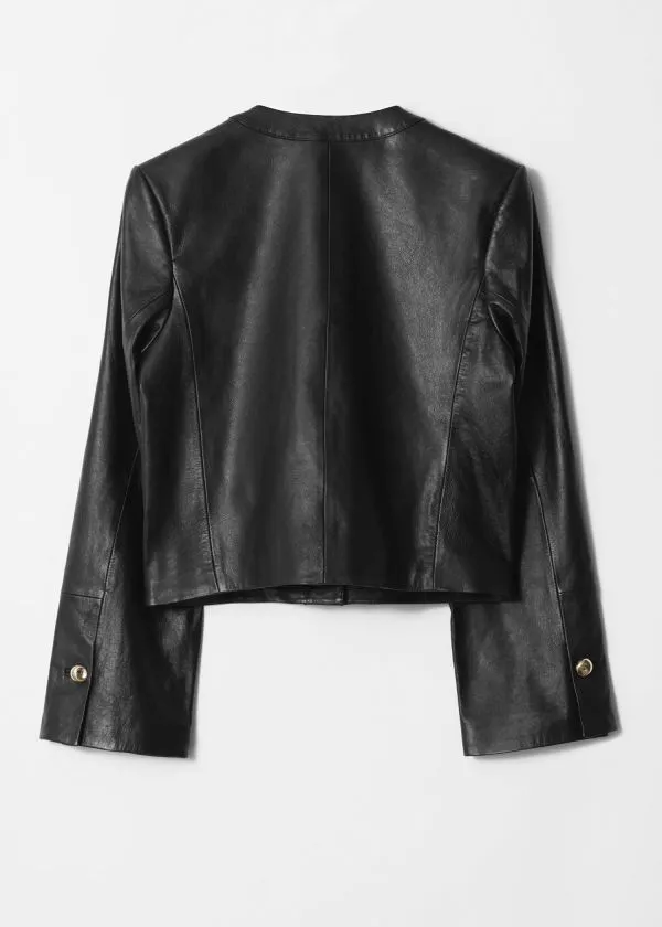 Women Jackets and Coats and Other Stories Collarless Leather Jacket Black
