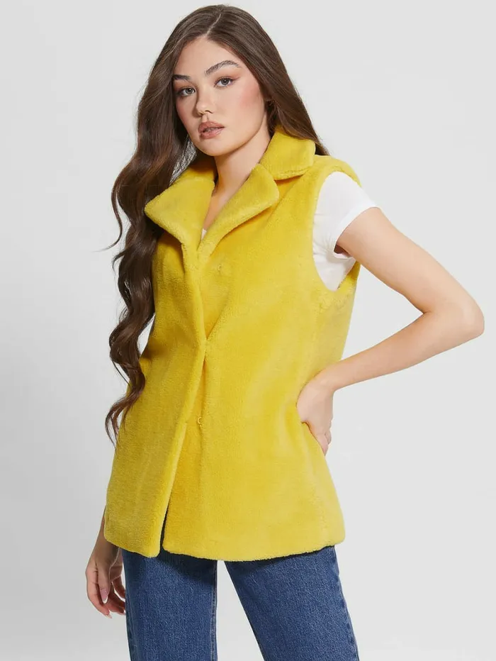 Women Jackets and Coats GUESS Delia FauxFur Vest Lemon Drop
