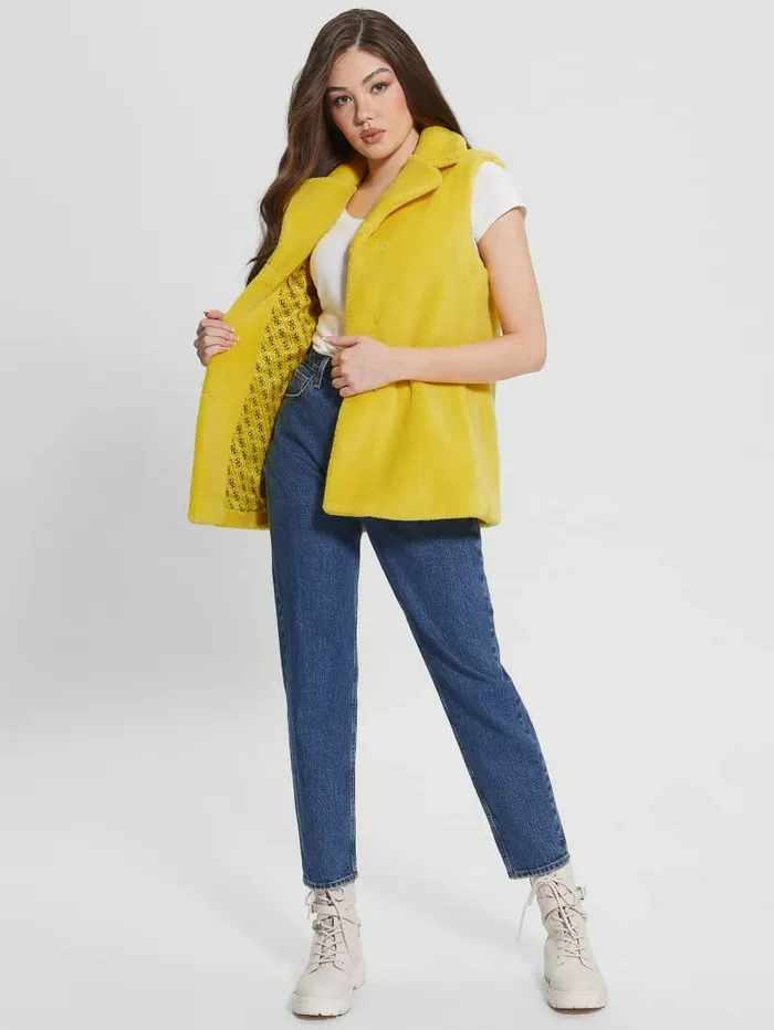 Women Jackets and Coats GUESS Delia FauxFur Vest Lemon Drop