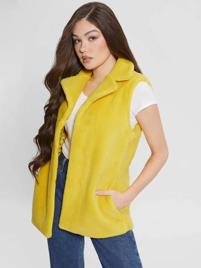 Women Jackets and Coats GUESS Delia FauxFur Vest Lemon Drop