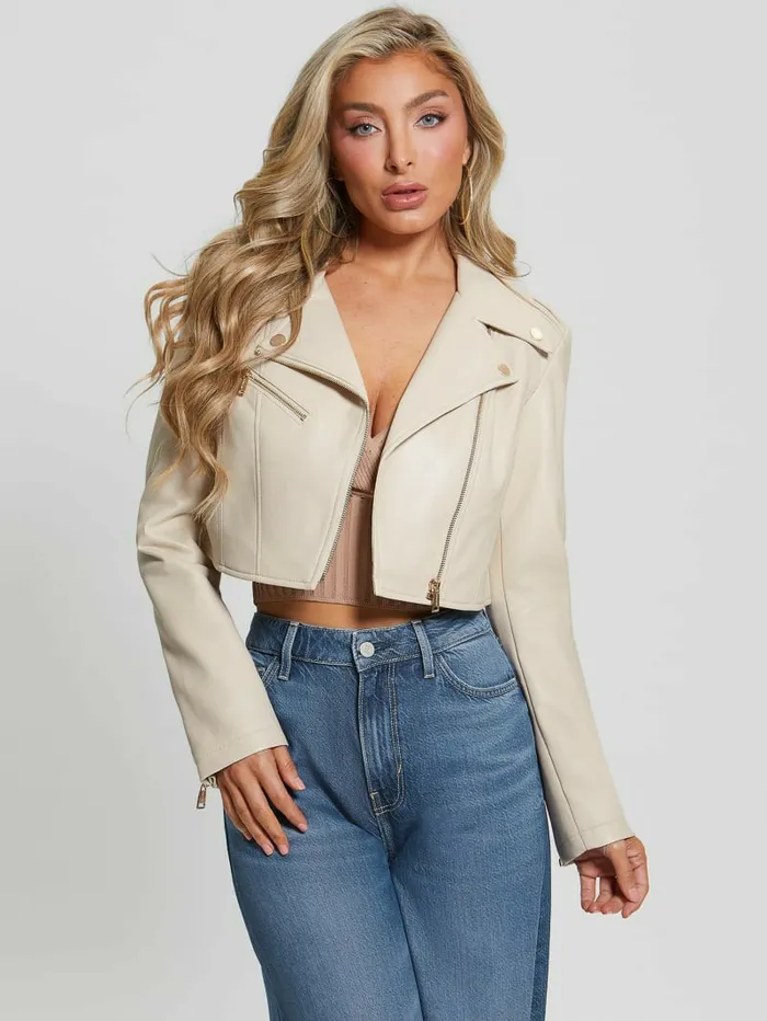 Women Jackets and Coats GUESS Rochelle FauxLeather Moto Jacket Pearl Oyster