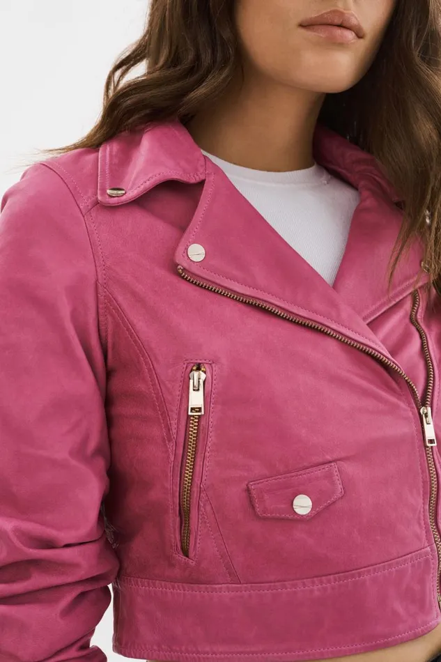 Women JANIKA Cropped Leather Biker Jacket Super Pink LAMARQUE Leather Jackets Women JANIKA Cropped Leather Biker Jacket Super Pink LAMARQUE Leather Jackets