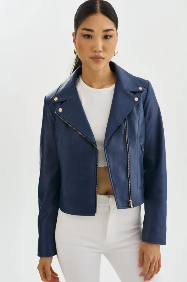 Women KELSEY GOLD Leather Biker Jacket Aegean Blue LAMARQUE Leather Jackets