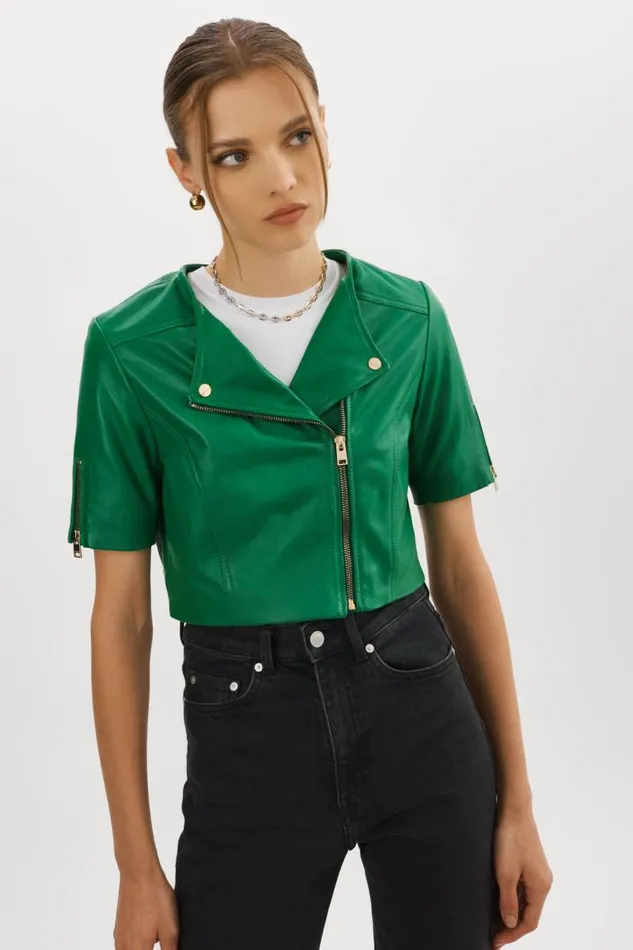 Women KIRSI GOLD Cropped Biker Jacket Vibrant Green LAMARQUE Biker Jackets Women KIRSI GOLD Cropped Biker Jacket Vibrant Green LAMARQUE Biker Jackets