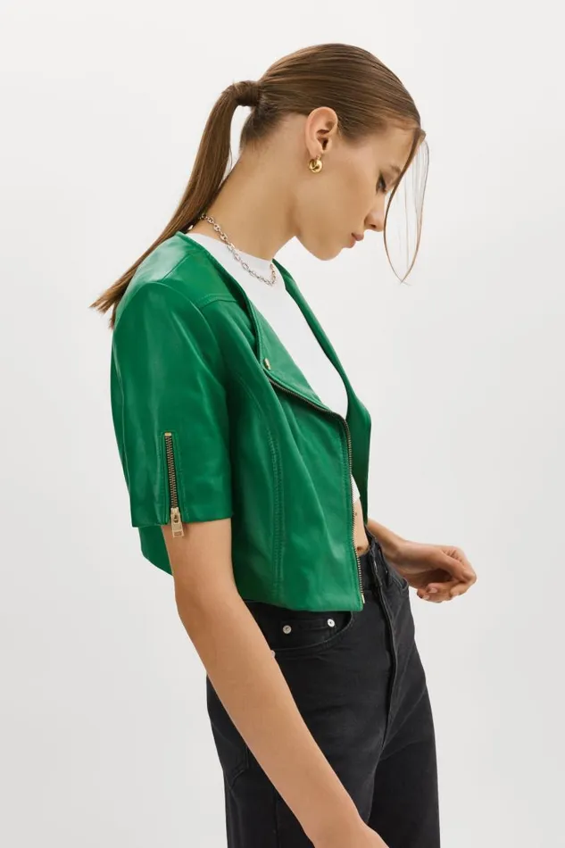 Women KIRSI GOLD Cropped Biker Jacket Vibrant Green LAMARQUE Biker Jackets Women KIRSI GOLD Cropped Biker Jacket Vibrant Green LAMARQUE Biker Jackets